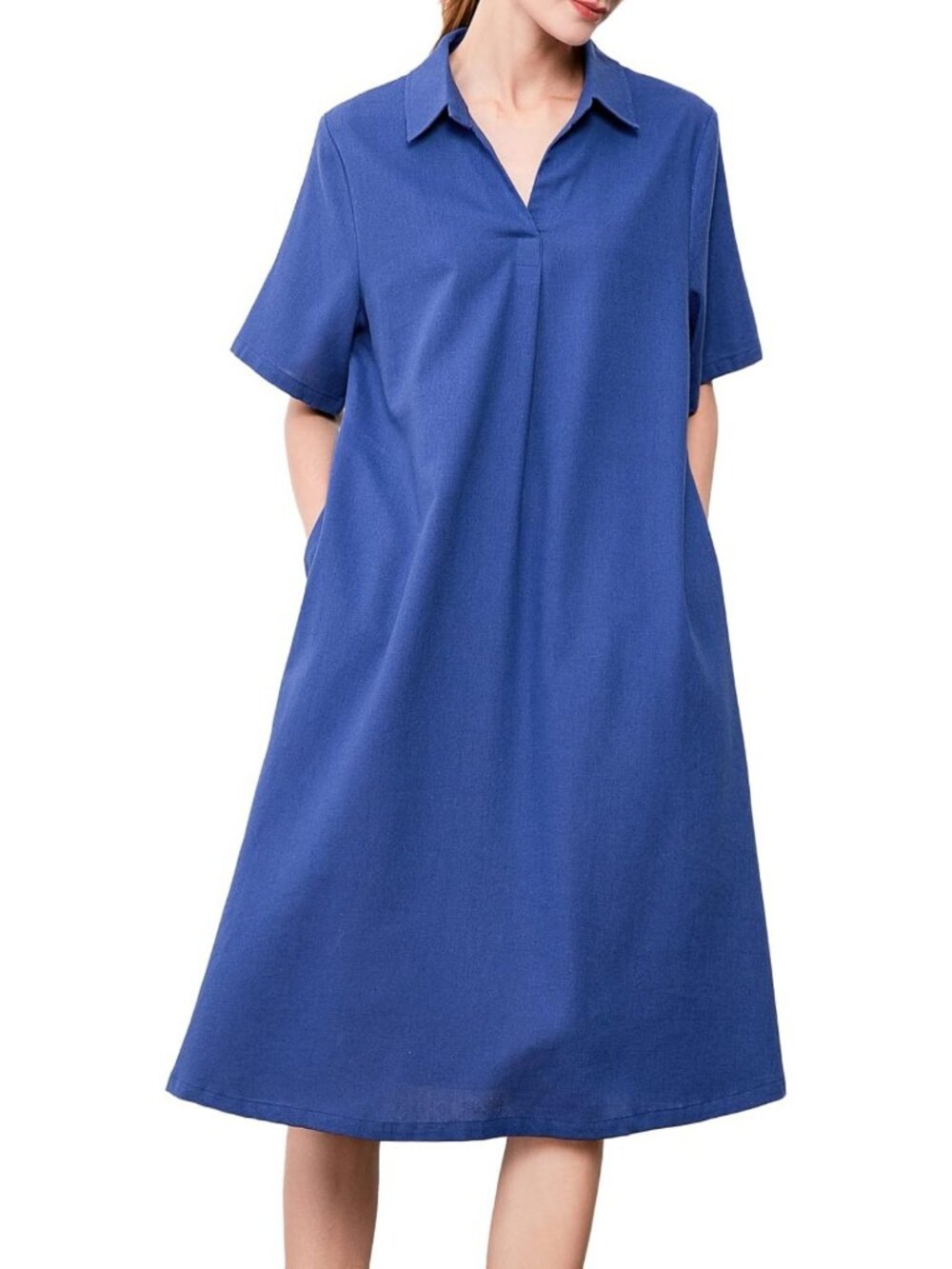 Chic Plus Size Linen Midi Dress for Women - V Neck, Casual Shirt Dress